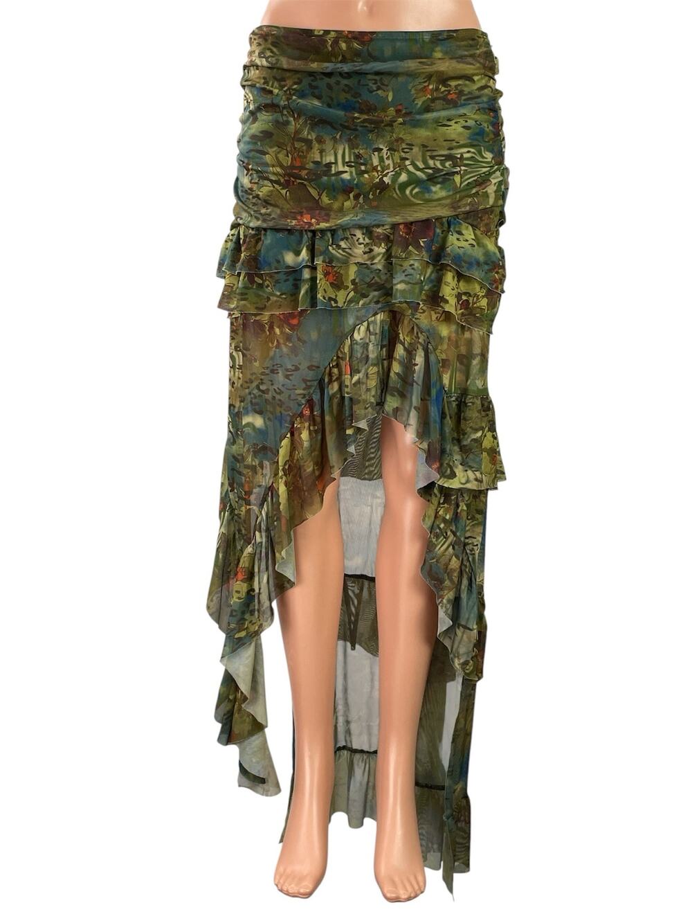 SHEIN BAE Green Leopard Animal Tropical Print Ruffle Asymmetrical Skirt Size M